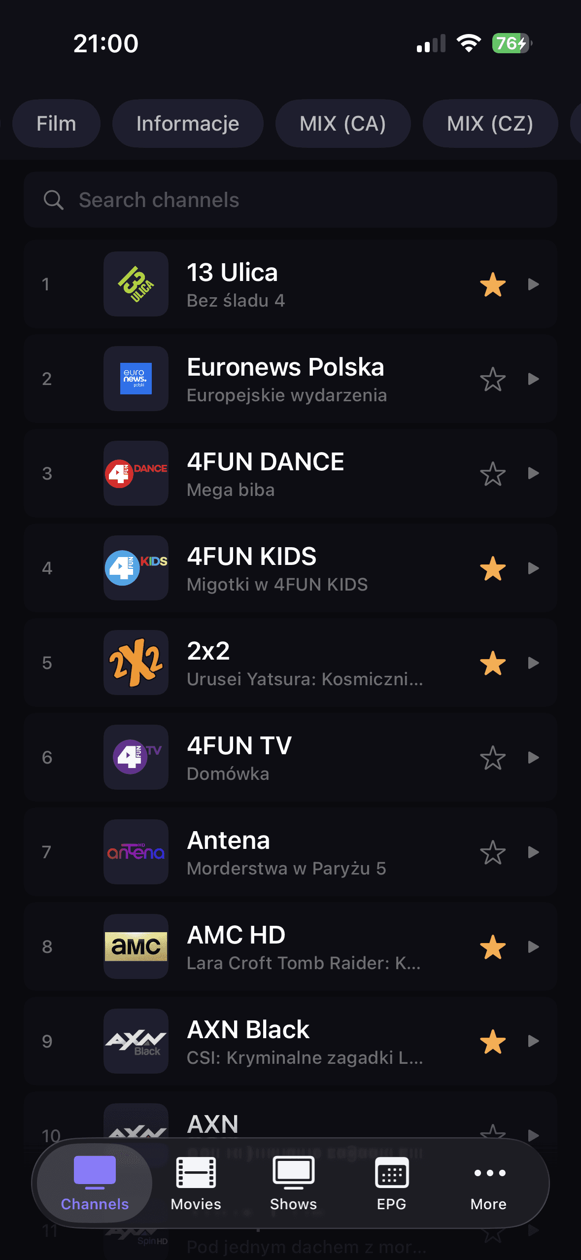 DaddyTV channels screen